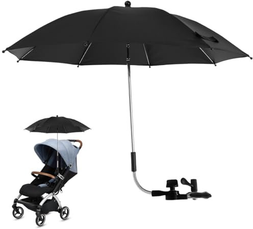 Pram Parasol, Pram Umbrella, Pushchair Parasol 50+ UV, Universal 360° Adjustable Baby Stroller Umbrella with Adjustable Fixing Clamp & Handle for Stroller, Pushchair, Buggy and Beach Chair (Black)