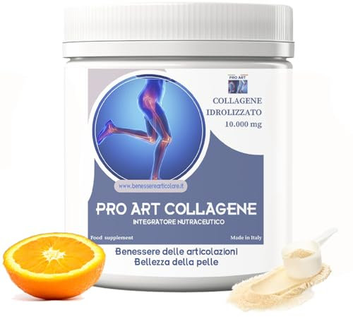 PRO ART-Collagene Marino Idrolizzato in polvere, Forte 10.000mg, per articolazioni, pelle e ossa, Integratore con Acido Ialuronico, Vitamina C, B6 e D3, MSM, Zinco (COLLAGENE)