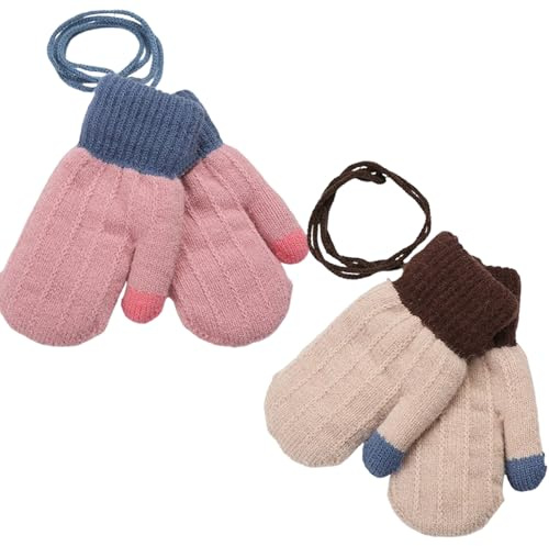 Ccomage Lot de 2 paires de gants d'hiver en polaire pour enfant de 0 à 3 ans - En tricot épais - Moufles en laine - Moufles en peluche - Pour bébé garçon et fille, rose et marron, taille unique