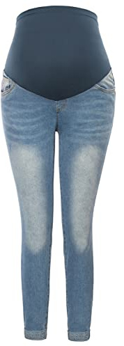 Maacie Pantaloni premaman lunghi elastici per gravidanza, comodi jeans primaverili estivi, Azzurro con orli arrotolati, S