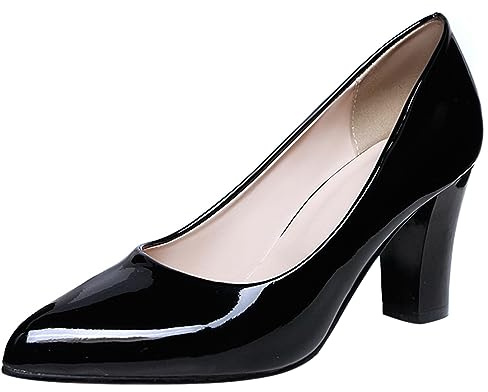 Lizoleor Decollete Donna Tacco Largo Alto Punta Scarpe Senza Chiusura Sposa Festa Business Eleganti Glitterato Vernice Nero Numero 33 EU