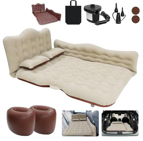 ISWEES Car Bed SUV Air Mattress, Car Air Mattress with Electric Pump, 2 Inflatable Pillows and 2 Footrests for Back Seat, Side Seat,Trunk Sleeping, Thickened Camping Bed - Brown