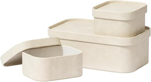 La Jolíe Muse Aufbewahrungsboxen aus veganem Leder mit Deckel, 3er-Set dekorativer Aufbewahrungsbehälter, stapelbare Ordnungsbox, Beige