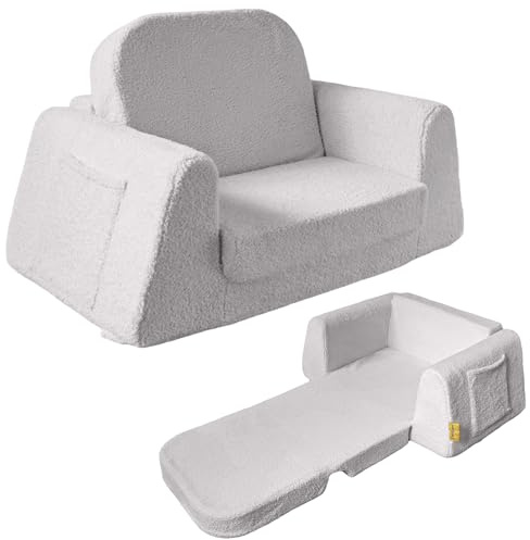 BanaSuper Extra-Wide Kids Sofa for Toddlers, 2-in-1 Convertible Memory Foam Couch to Lounger, Fold-Out Soft Sherpa Baby Sofa Bed & Reading Chair for Age 2-8, Gift for Boys & Girls, Grey