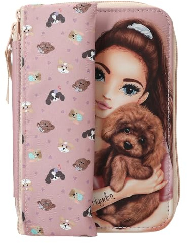 Depesche 13659 TOPModel Kitty and Doggy - Estuche Relleno en Rosa, Incl. con Motivo de Modelo y Dibujo de Perro, con lápices de Colores, Tijeras y Mucho más.