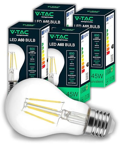 V-TAC 4x Lampadina LED Filamento attacco E27 - [Alta Efficienza 6W ] - A60-600 Lumen - (Equivalenti a 45W) - Lampadine a Risparmio Energetico - 3000K Luce Bianca Calda