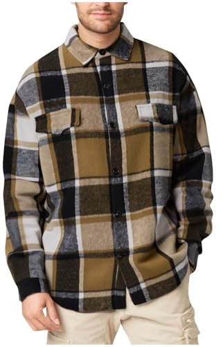 Zeiayuas Plaid Flannel Jackets for Men UK Checked Tartan Button Down Shirt Jacket Casual Smart Long Sleeve Vintage Cardigan Autumn Winter Fashion Hoodies Sweatshirts Fleece Coat Khaki