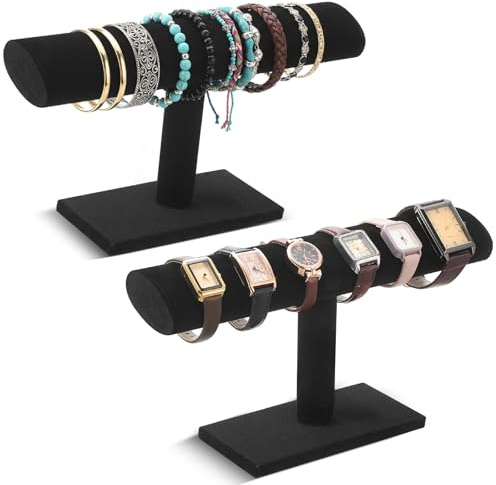Wenqik 2 Pack Watch Holder Stand, Velvet Watch and Bracelet Display T Bar Stands, Jewelry Organizer for Watches Bracelets and Bangles, Countertop Display for Dresser, Store or Home, Black