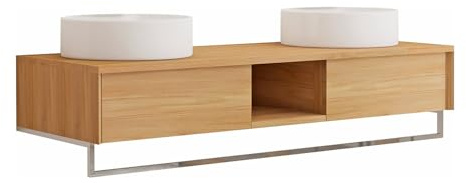 Vente-unique - Armario colgante de madera de teca con toallero y tocador doble de encimera, redondo, de cerámica, 140 cm, KUPANG