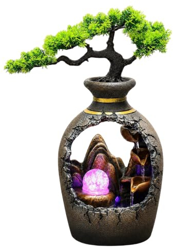 Fuente de habitación con cascada y iluminación LED, planta verde fuente - Juego de agua circulante, fuente de mesa con cascada para meditación y relajación para habitaciones, salas de estar y oficinas