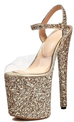 Genérico Sandalias Mujer Punta Abierta Brillo Plataforma Vamp Transparente Tobillera Hebilla Cierre Tacón Alto Extremo Stiletto Vestido Fiesta Baile,Oro,41 EU