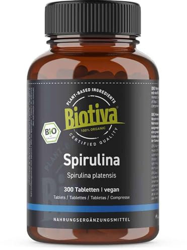 Spirulina Bio 300 Tabletten a 500 mg - Premium Bioqualität - Presslinge - Arthrospira Platensis Alge - OHNE Magnesiumstearat - Abgefüllt und Kontrolliert in Deutschland - Biotiva