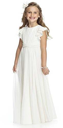Aibaowedding Robe longue bohème en mousseline de soie pour enfant avec ceinture nouée et manches courtes papillon,Style vintage chic,Pour communion, demoiselle d'honneur, ecru, 10 ans