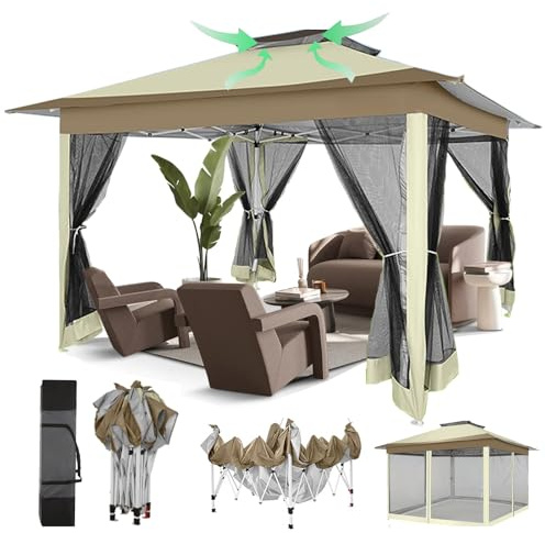 COBIZI Pavillon 3x3 Wasserdicht Stabil Winterfest, 3,65x3,65m Gartenpavillon Mit Moskitonetz, Doppeldach Faltbarer Pavillon, Faltpavillon mit Sandsack für Hinterhof,Rasen (Beige)