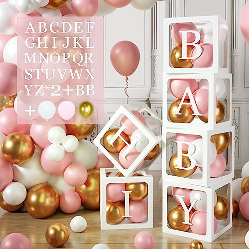 Wayfun 105 Cajas Decoración Baby Shower para Niñas,6 Caja Globo Rosas Baby Shower con Letras(BABY+A-Z),45 Globo Oro Blanco Rosa,Fiesta Bebe,Decoración Fiesta Cumpleaños,27x27x27cm,W6204-204