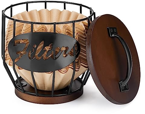 Yangbaga Coffee Filter Holder with Wood Lid,Wood and Metal Coffee Filter Storage Container Basket for Coffee Filters 2-4 Cup,Round Coffee Filter Holder Case for Counter,Coffee Bar Accessories decor
