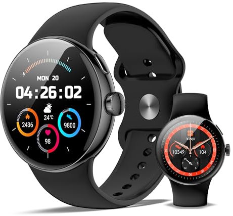 SmartWatch XINJI N2 mit Bluetooth, AMOLED Touchpanel, Puls-/HRV-/Blutsauerstoff-Messung, Schlafmonitor, Musikspeicher, Kalorien-/Schrittzähler, Benachrichtigungsfunktion, App, Wasserdicht, schwarz
