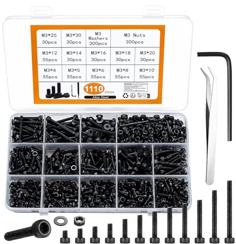 1110 Piezas M3 Juego de Tornillos y Tuercas, Tornillos de Cabeza Hueca Hexagonal acero carbono, Tornillos y Tuercas de Cabeza Cilíndrica Kit