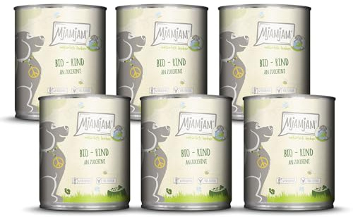 MjAMjAM - Nourriture humide premium pour chiens - naturellement délicieuse - BIO boeuf aux courgettes,paquet de 6 (6 x 800g), sans céréales avec extra viande