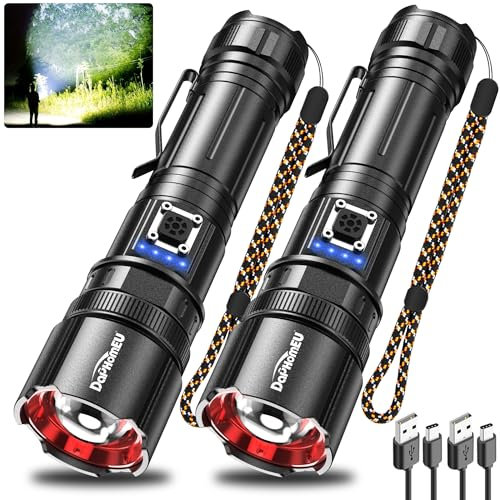 daphomeu Taschenlampe Led Aufladbar, 2er-Pack 250000 Lumen Led Taschenlampe Extrem Hell, Metall Taktische Taschenlampe mit 5 Modi & Zoomable & Batterieanzeige für Camping Wandern NotfäLle