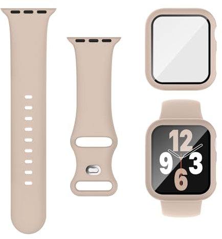 Joehwerr Bracelet 3 en 1 pour Apple Watch 44 mm avec étui et protection d'écran, bracelet de sport en silicone et coque de protection avec verre trempé 9H pour iWatch Séries 6, 5, 4, SE - Couleur thé