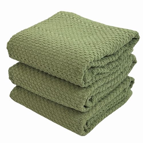 Dark Sage Green Kitchen Hand Dish Towels: Oversized 28 x 18,100% Cotton Cloth Soft Cleaning Drying Absorbent Textured Design, Set of 3 Multipurpose for Everyday Use (Dark Sage)