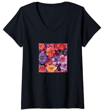 Womens Bergenia Flower Watercolor Pattern Graphic V-Neck T-Shirt