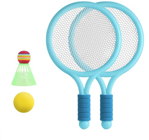 4 Stück Federball Set für Kinder - Tennisschläger Set PVC+EVA Material mit Schaumstoffüberzogenem Griff, 2 Schläger, 1 Tennisball, 1 Badmintonball - Geeignet für Badminton und Tennis