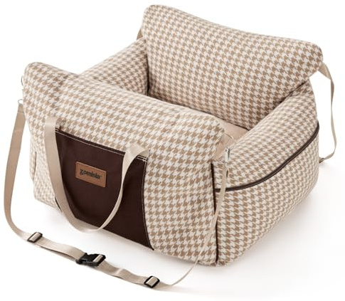 ZOMISIA Dog Car Seat for Small Dogs - Waterproof Pet Booster Seat for Car with Clip-On Safety Leash, Soft Travel Carrier for Puppy up to 25 lbs, Memory Foam Filling & 2 Adjustable Buckles Houndstooth