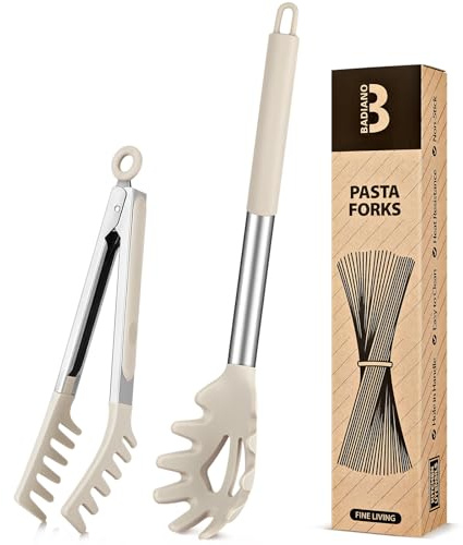 Silicone Spaghetti Spoon & Pasta Tong, Non-Stick Stainless Steel Handle Pasta Fork Set with Teeth, Food Clip for Easy Serving of Noodles (Khaki)
