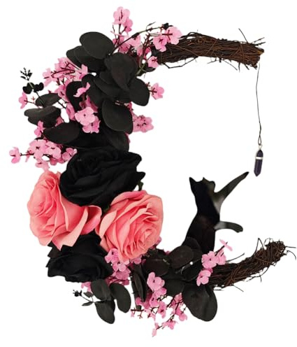Halloween Wreaths for Front Door Halloween Moon Wreath with Black Cat and Rose Grapevine Garland Halloween Cat Door Wreath Gothic Decorations for Home Party Window Wall Indoor Outdoor (pink)