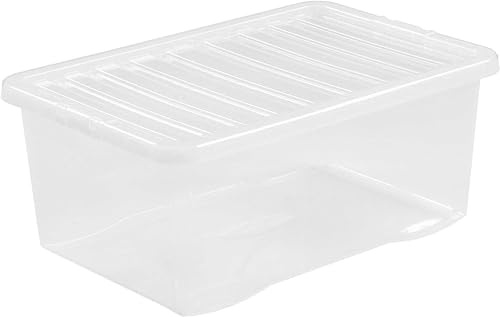 Wham Crystal Plastic Storage Boxes With Lids Home Office Stackable Nestable Container Box, 45L Easy fit Underbed Protective Storage Box, 60 x 40 x 25 cm - Tint Clear (Set of 3)