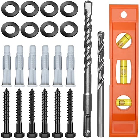 Mywish TV Mount Screws Kit, Lag Bolts for TV Wall Mount with 2X Drill Bits, M8x65 Lag Screws, 10x59 Wall Anchors, Washers, Bubble Level for Wood Stud Brick Concrete Drywall, TV Mounting Hardware Kit