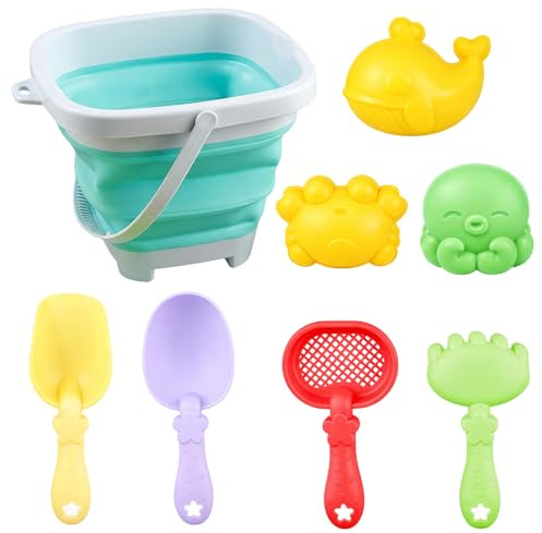 8-Piece Beach t0ys Set, Collapsible Bucket And Spade Beach Set, Ultimate Seaside Fun With Collapsible Bucket, Spade, Rake, Sand Mesh Sieve, And 3 Sand Moulds