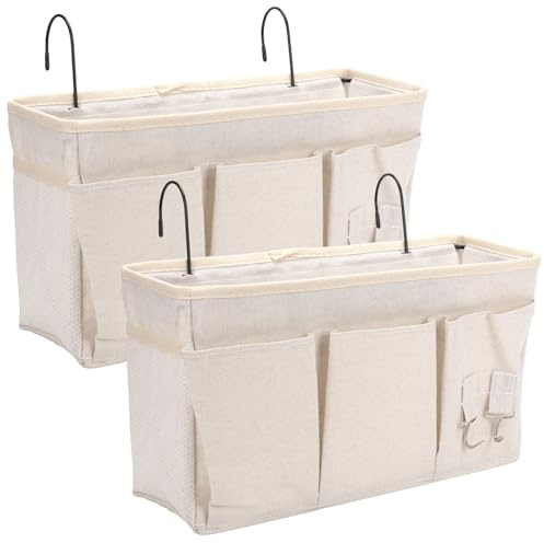 SHMSHNG Lot de 2 Organiseurs Suspendus pour Table de Chevet, Sac de Rangement Suspendu avec 3 Poches, Organiseur de Chevet, Panier étagère Suspendue, Sac de Lit pour Chambre, Dortoir (Blanc)