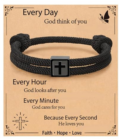 QKEOISUD Cross Bracelet for Men,Adjustable Rope Bracelet Christian Religious First Communion Confirmation Baptism Jewelry Gifts, Creative Stainless Steel Square Cross Pendant Bracelet (Black)
