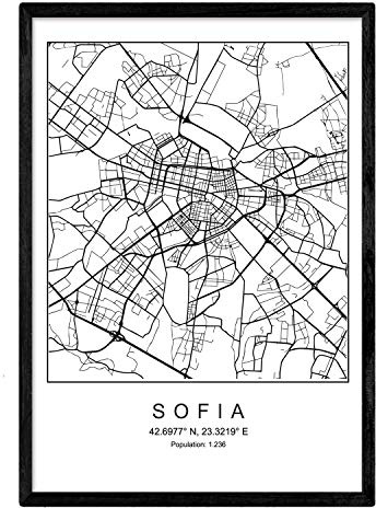 Nacnic Lama Sofia Mappa della Città in Stile Nordico in Bianco e Nero. Fotogramma A4 Carta Stampata No 250 gr. Dipinti, Stampe e manifesti per Soggiorno e Camera da Letto