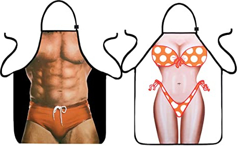 VIPbuy Set di 2 grembiuli 3D uomo e donna divertenti, impermeabili, regolabili, sexy grembiule da cucina per coppie, barbecue, regali, Multicolore, M
