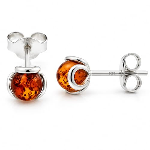 Baltic Cognac Amber Stud Earrings for Women in 925 Sterling Silver – Genuine Natural Amber Small Ball Art Deco Earrings, 5mm Round Stud Jewelry Gift for Her - 5966