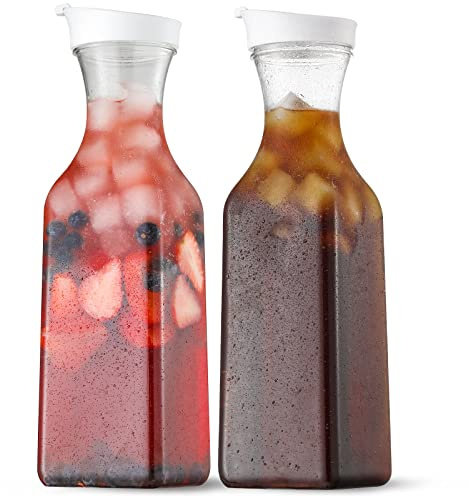 NETANY Plastic 50 Oz Water Carafe with Flip Top Lid, Set of 2 Square Base Juice Containers, Clear Plastic Pitcher - for Water, Iced Tea, Juice, Beverage, Cold Brew and Mimosa Bar - HAND WASH ONLY
