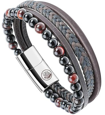 Casisto.J Men's Leather Bracelet, Braided Leather Beads, Stainless Steel, Black, Brown, Blue, with Magnetic Clasp, Easy Packaging