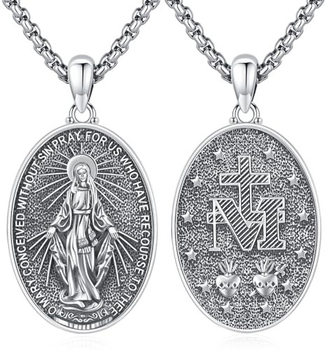 Eusense Heilige Jungfrau Maria Halskette St. Maria Anhänger Kette 925 Sterling Silber Heilige Halskette Kette katholischer Religiöser Schmuck Medaille Schutzamulett für Frauen Damen