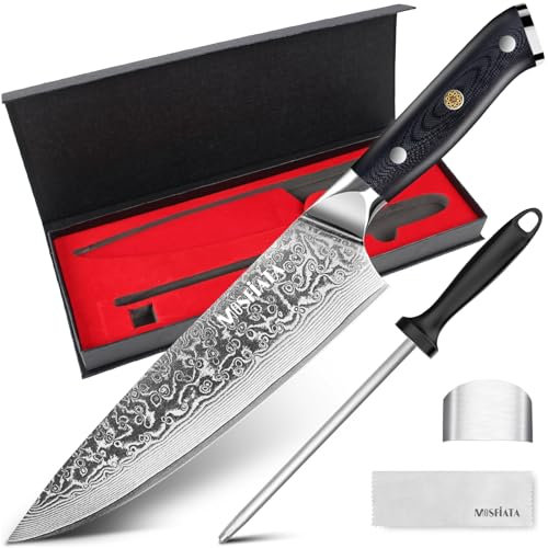 MOSFiATA Coltello Damascato da Cucina, Coltelli da Cucina Professionali Coltello Chef con Manico G10 e Acciaino Affilacoltelli, 20cm