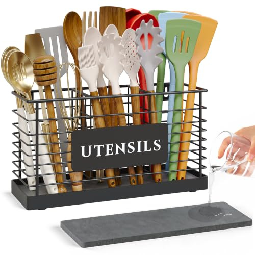 THYGIFTREE Utensil Holder for Kitchen Counter with Diatomaceous Earth Base, Large Black Metal Cooking Tool Organizer with 3 Compartments, Countertop Utensil Holder for Spatula and Kitchen Utensils