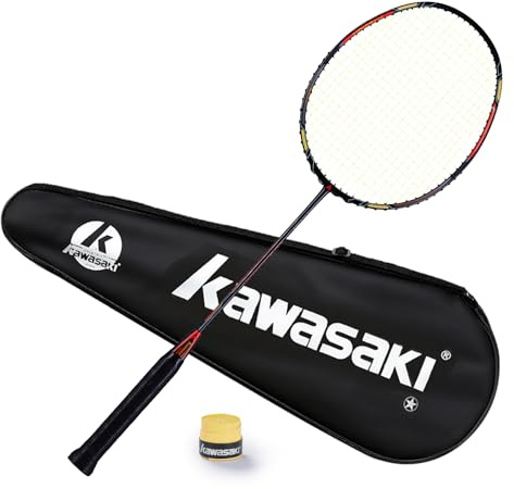 Kawasaki – Raquette de badminton professionnelle en graphite légère pour Attack & Defense Passion P22 – Avec sac de transport et poignée (noir et rouge)
