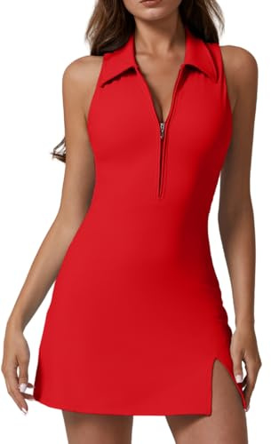QINSEN Womens Tennis Dress with Shorts with Pockets Sleveless Polo Neck Workout Dresses Red M