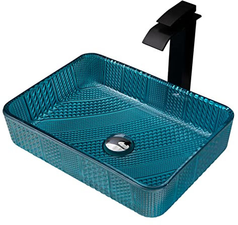 Lavandino Da Appoggio Per Bagno Blu, Lavabo Da Appoggio Artistico In Vetro Temperato, Lavabo Rettangolare Da Appoggio, Lavabo Da Appoggio Per Bagno Con Rubinetto E Scarico, Lavabo, Lavabo + Rubinetto
