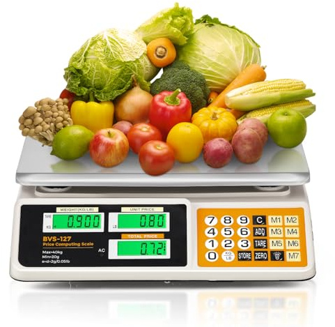 Bonvoisin Bilancia Cucina Professionale 40kg/2g, Bilancia Calcolatrice Digitale con 7 Memorie PLU, Doppio Display LCD, Funzione Tara, Ricaricabile, Piattaforma Acciaio Inox per Gastronomia e Negozio