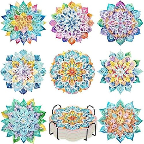 Spiritzohic 8 Posavasos de Pintura de Diamantes con Soporte,Mandala Posavasos de Pintura Diamantes de Antideslizantes,Posavasos DIY para Manualidades Decoración para Cocina y Sala de Estar
