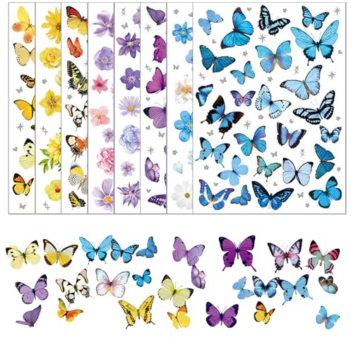 PLUSHCEWT 8 Blätter Sticker Blumen Schmetterling, DIY Sticker Set für Scrapbooking und Journaling, PET Aufkleber in 4 Farben, Stickers Aesthetic für Geschenkdeko und Kreative Erwachsene